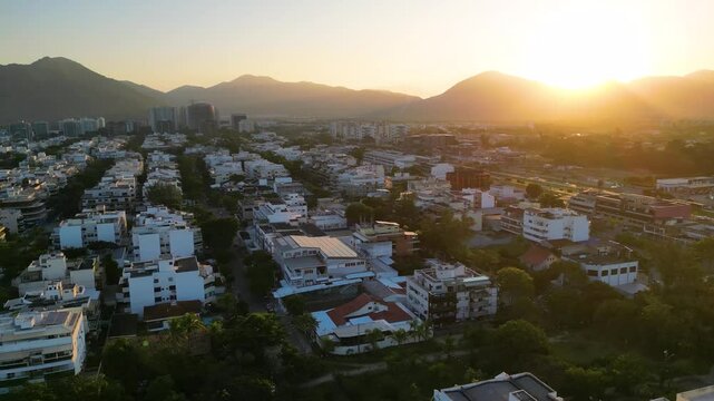 Aerial View of Luxury Apartment Buildings in Recreio dos Bandeirantes Region in Rio de Janeiro With Sunset Over Hills