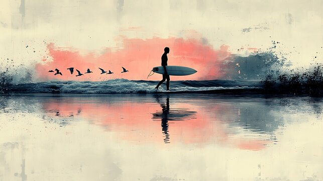 Man with surfboard walking towards rolling waves sunset picture