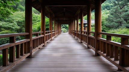 A wooden walkway in the middle of a lush green forest