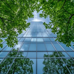 Modern glass office building surrounded by lush green trees, emphasizing sustainability and eco-friendliness. Ideal for architecture, environmental, and corporate projects.