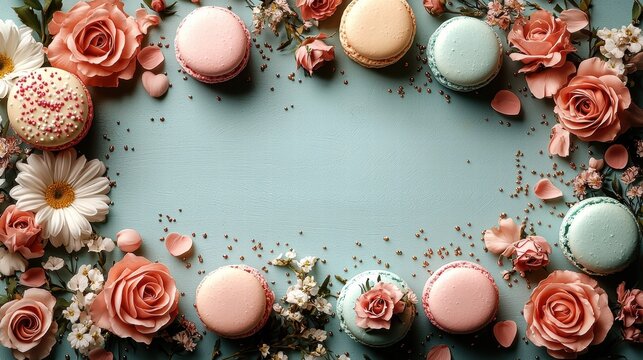 Floral Macaron Frame: A delicate arrangement of pastel macarons and blossoms creates a charming frame, inviting your message or product to take center stage.