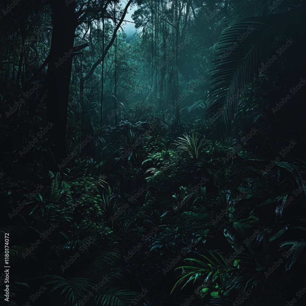 Poster A dense and mysterious forest with abundant greenery, perfect for setting the mood or adding atmosphere to your project