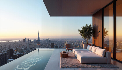 Modern rooftop lounge with stunning city skyline at sunset