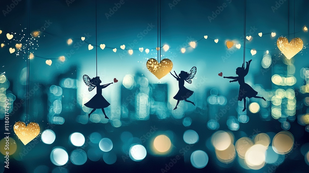 Poster three fairy figurines dangle from strings in front of a cityscape with heart-shaped lights