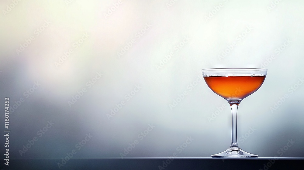 Poster close-up image of a wine glass with liquid inside on a plain table background
