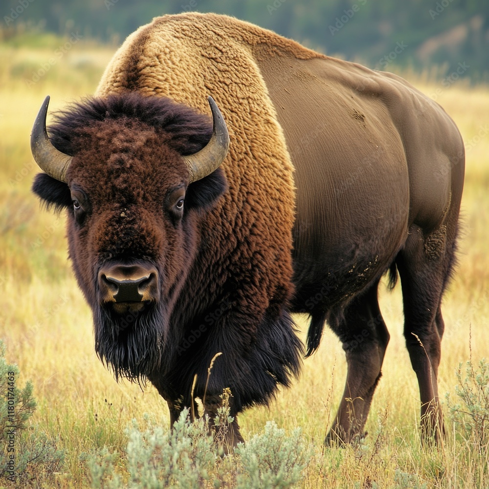 Poster a bison stands in a grassy field with trees in the background, a serene and natural scene