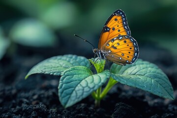 vibrant orange butterfly resting on tiny green sprout in soft focus garden setting wing details concept of wildlife conservation ecotourism horticulture