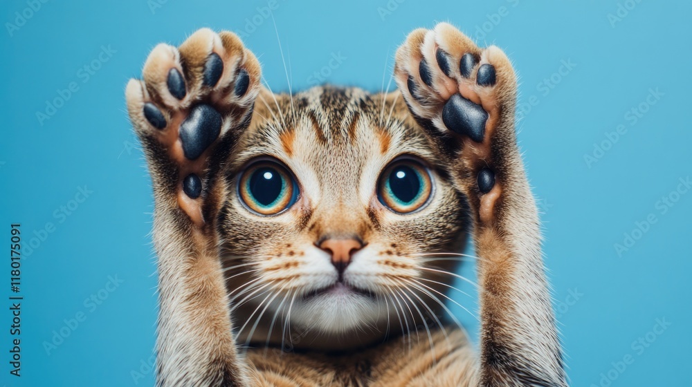 Poster a close-up view of a cat with its paws raised, as if in anticipation or curiosity