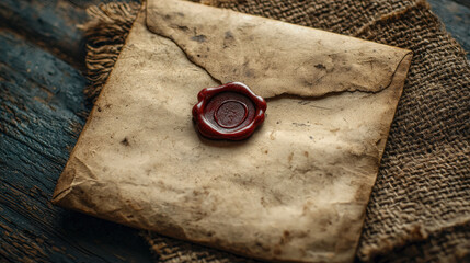 Sealed with Time: A weathered, aged envelope with a red wax seal rests on a rustic burlap cloth, whispering tales of forgotten secrets and long-lost messages.