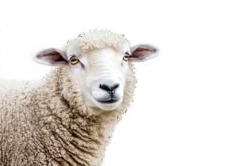 A close-up image of a sheep with a pure white background, great for editorial or commercial use