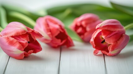Fresh pink tulips arranged on a wooden table, great for decoration or gift