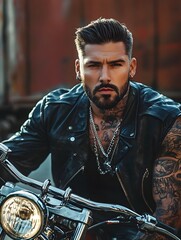 Tattooed Man Poses Confidently with Vintage Motorcycle for Edgy Lifestyle Branding