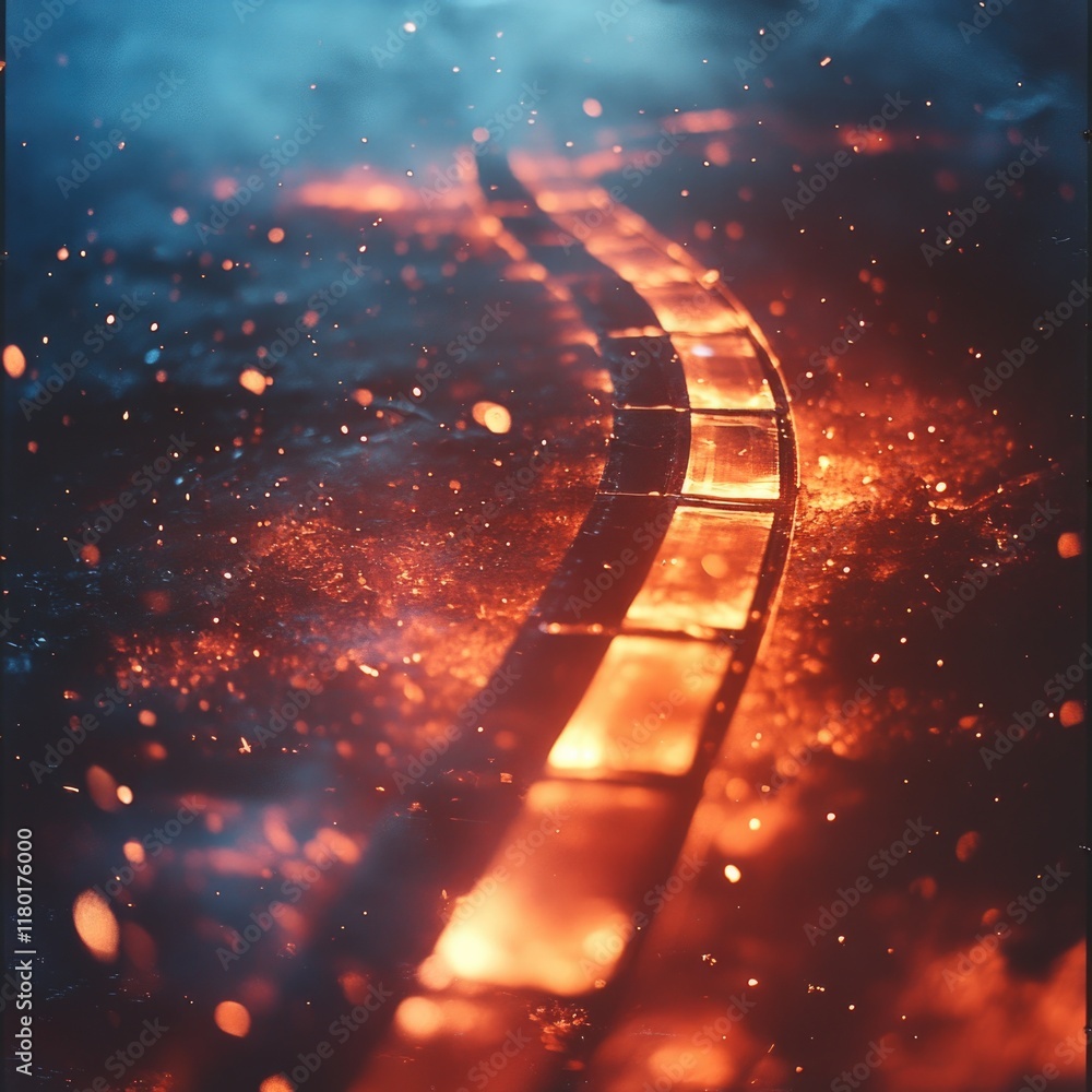 Poster a blurred image of a road with flames burning in the distance, suitable for use in scenes about emer
