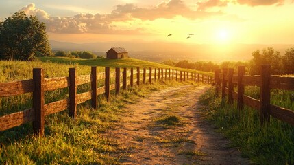 Obraz premium A serene landscape with a winding path, fence, and a small barn under a sunset sky.