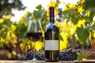 A bottle of deep red wine stands next to a glass filled with wine, surrounded by ripe grapes and vibrant green vines illuminated by gentle sunlight, creating a tranquil vineyard atmosphere