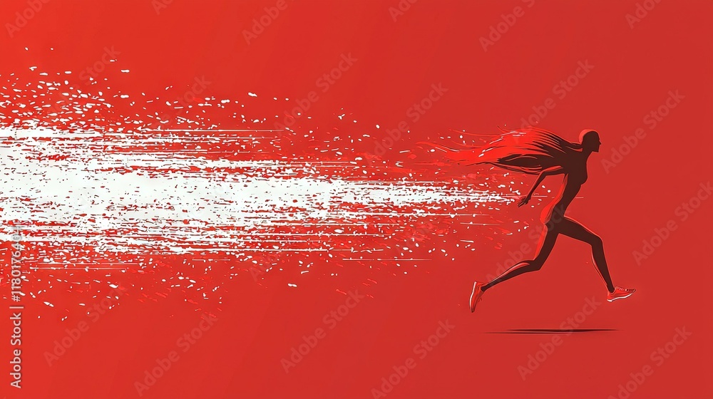 Poster a woman running on a red background with white sprinkles in the foreground and a red background with