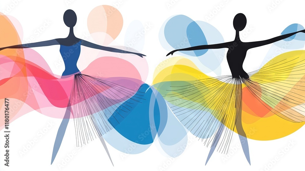 Poster a pair of individuals standing before a white backdrop with vibrant swirl patterns