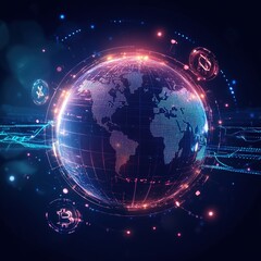 Obraz premium A futuristic 3D illustration of a glowing digital globe with cryptocurrency symbols and interconnected networks representing global financial systems and blockchain technology