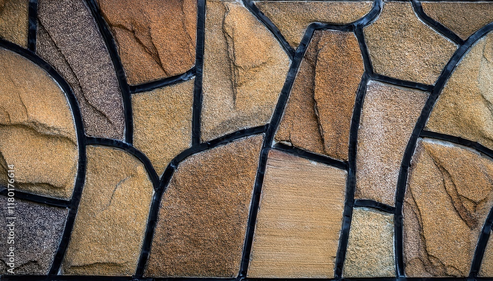 Poster intricate natural stone wall pattern with irregular shapes and black grout lines, ideal for architectural backgrounds or texture design

