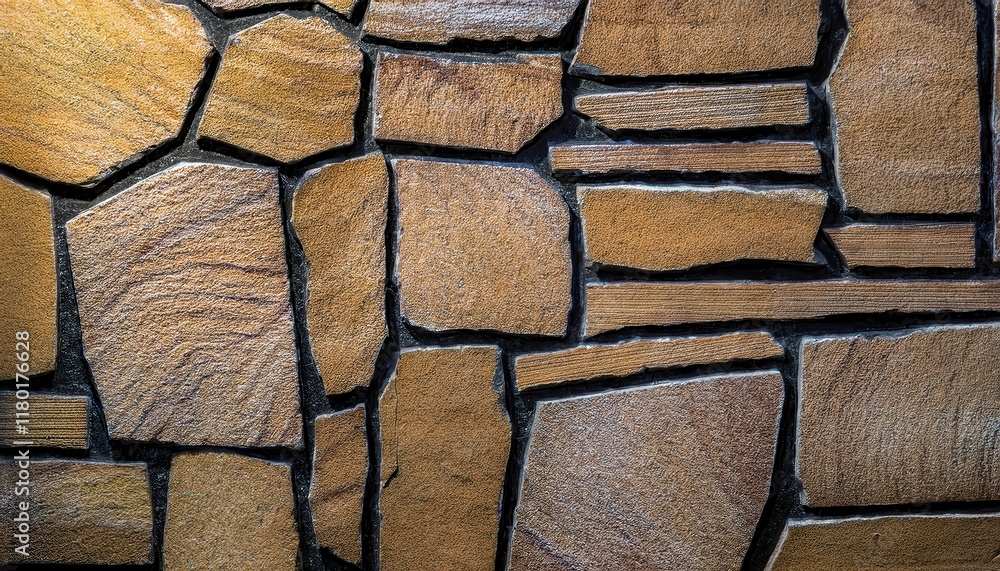 Aufkleber intricate natural stone wall pattern with irregular shapes and black grout lines, ideal for architec