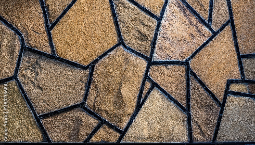 Poster intricate natural stone wall pattern with irregular shapes and black grout lines, ideal for architectural backgrounds or texture design

