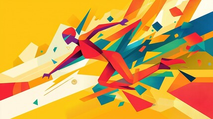   A vibrant abstract depiction of a person on a surfboard, suspended mid-air against a sunny yellow backdrop The hues include red, green, blue, yellow, orange