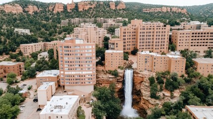 Mountainside city with waterfall.