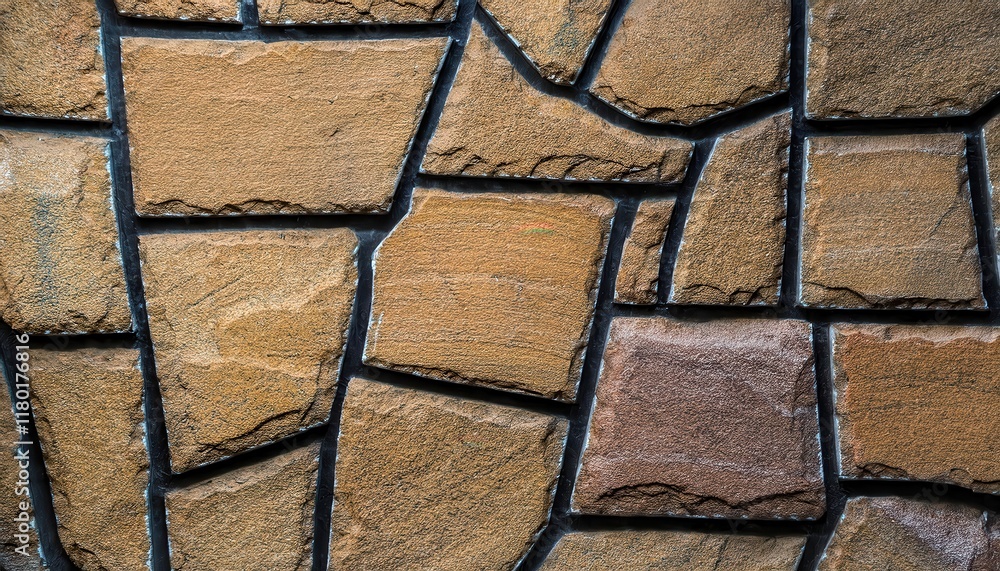 Poster intricate natural stone wall pattern with irregular shapes and black grout lines, ideal for architectural backgrounds or texture design

