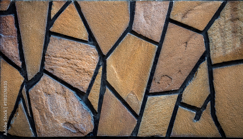 Poster intricate natural stone wall pattern with irregular shapes and black grout lines, ideal for architectural backgrounds or texture design

