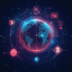A creative 3D illustration of a glowing digital globe with cryptocurrency symbols and futuristic network connections representing global finance
