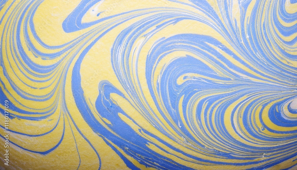 Poster dynamic abstract swirl of blue and yellow marble texture with fluid movement, perfect for modern backgrounds or graphic design projects

