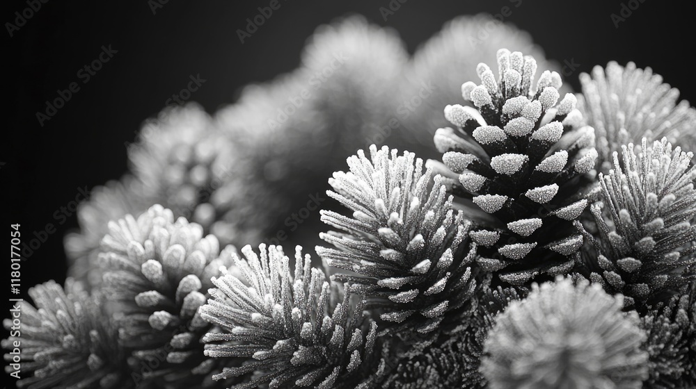 Poster a close-up shot of a pine tree with frost covering its branches and needles