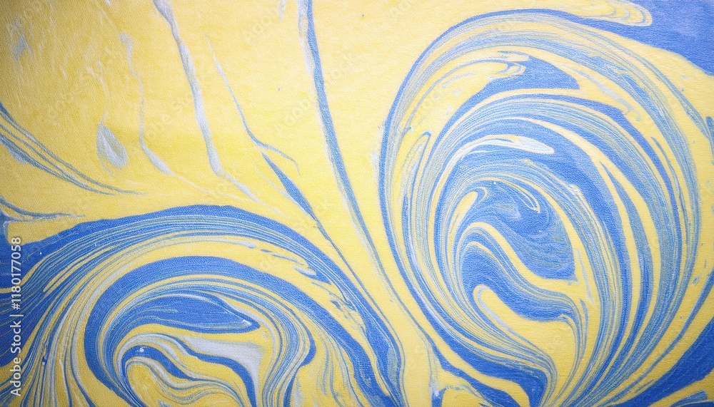 Poster dynamic abstract swirl of blue and yellow marble texture with fluid movement, perfect for modern backgrounds or graphic design projects

