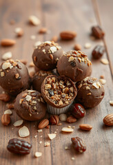 Energy balls with nuts, dates and chocolate. Healthy snacks, vegan sweets, homemade candy, no sugar added, dessert, close-up