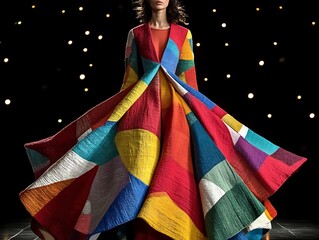 Colorful patchwork dress on runway.