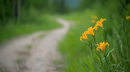   A field of yellow flowers beside a dirt road amidst green foliage
