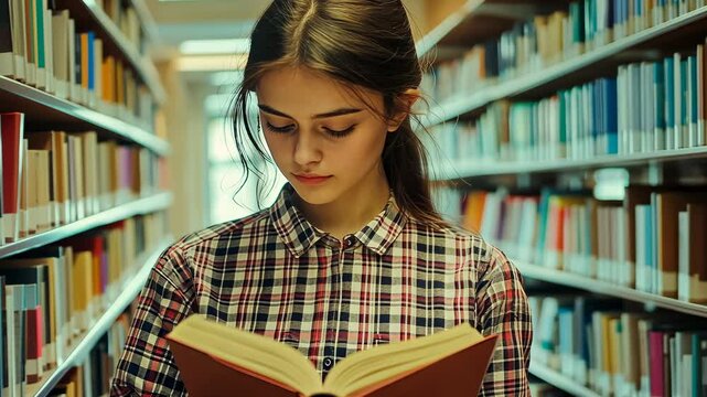 A young Caucasian woman focuses intently on reading a book amid the quiet ambiance of a library. It&rsquo;s daytime; she wears a plaid shirt, signaling a casual, studious atmosphere.