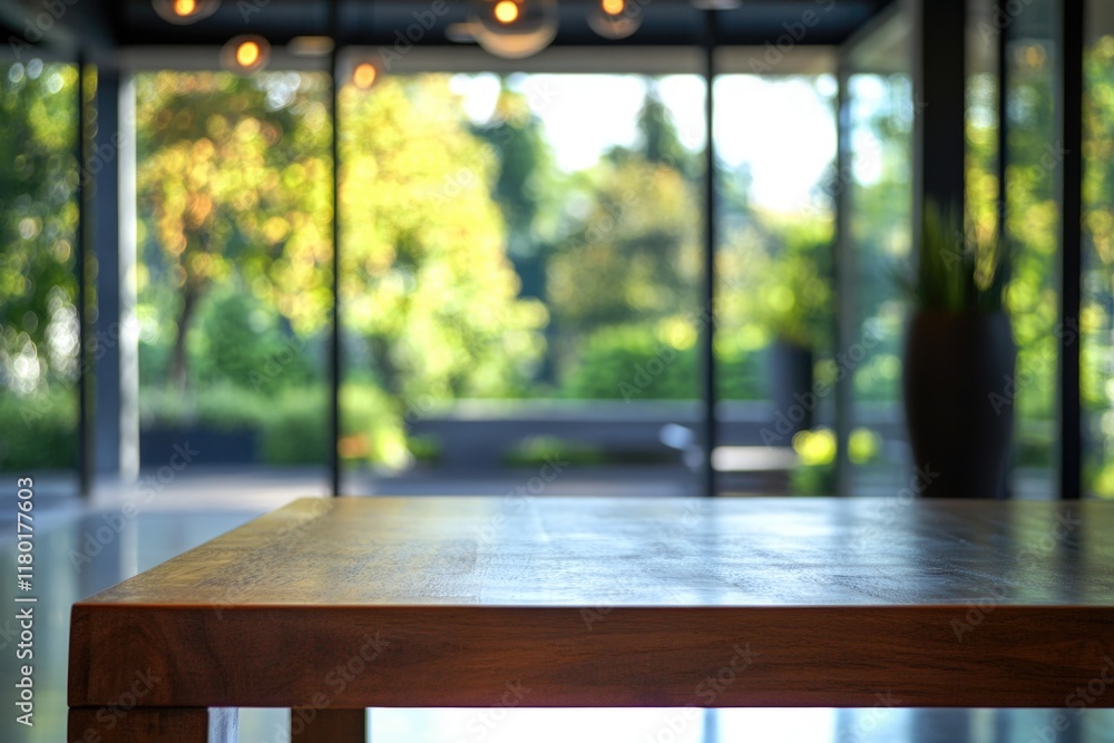 Poster a wooden table placed in front of a large window with natural light pouring in