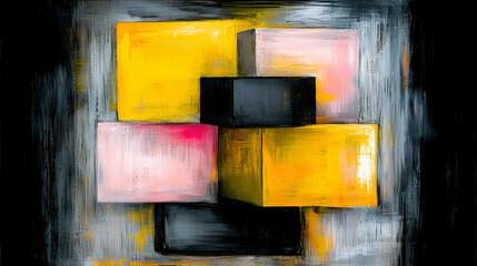 A vibrant abstract painting featuring overlapping yellow, pink, and black blocks against a textured background.