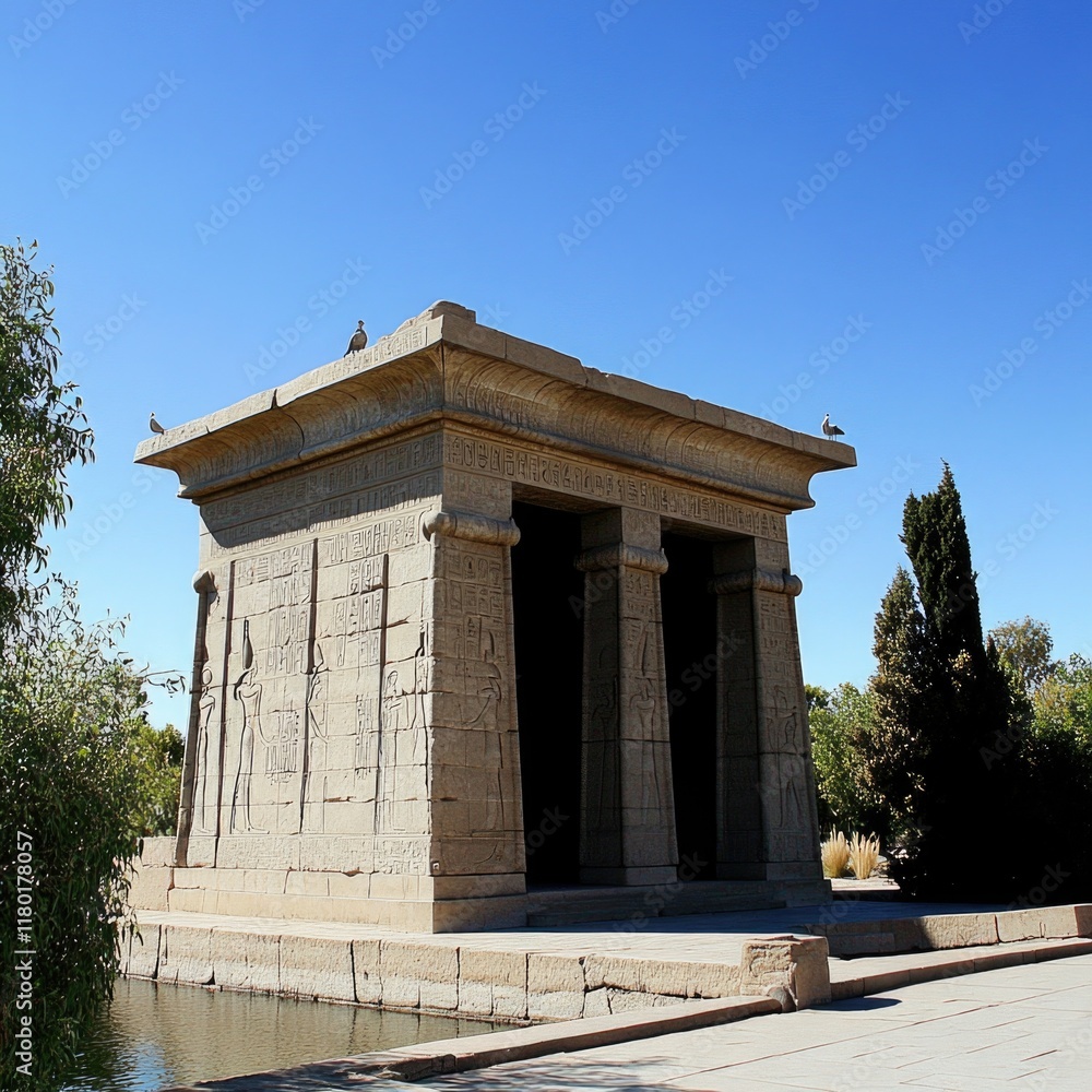 Poster A serene scene featuring a stone structure with columns and a peaceful pond in the foreground