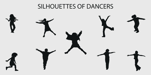 Black silhouettes of people dancing modern dances. Vector