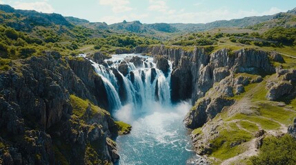 Majestic waterfall cascading into a serene lake surrounded by lush greenery and rocky cliffs in a remote location