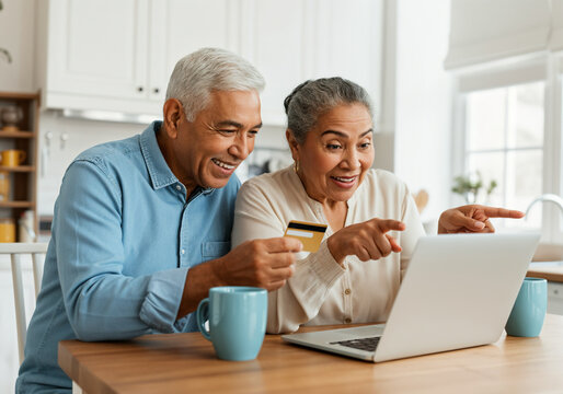 Happy senior couple making online payment using laptop and credit card in kitchen