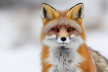 A close-up shot of a red fox in snowy surroundings