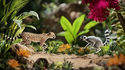 Obraz premium A pair of animals perched atop a verdant field adjacent to a mound of dirt and blossoms