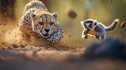 Obraz premium Two cheetahs sprinting across a dirt field near a tiny creature perched atop a mound of dirt