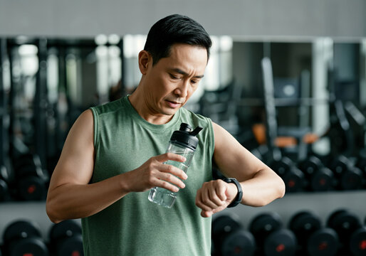 Senior man checking smartwatch and holding water bottle during workout break in gym