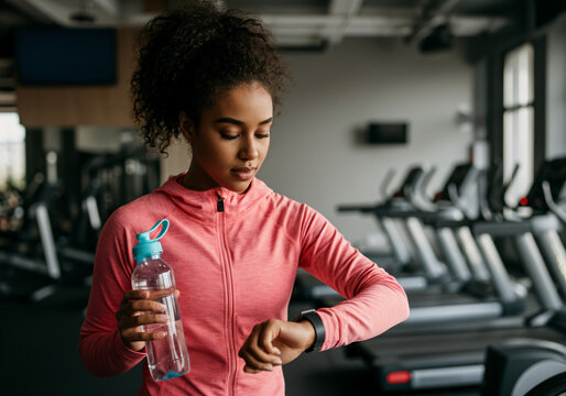 Focused sportswoman holding water bottle and checking smartwatch during workout break at gym - Powered by Adobe