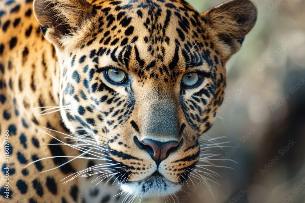 Poster A close-up view of a leopard's face with blurred background