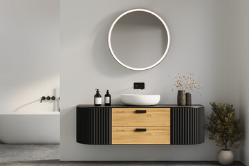 Stylish bathroom vanity with wood and black paneling, round illuminated mirror, and modern vessel sink, complemented by natural decor. 3D rendering
